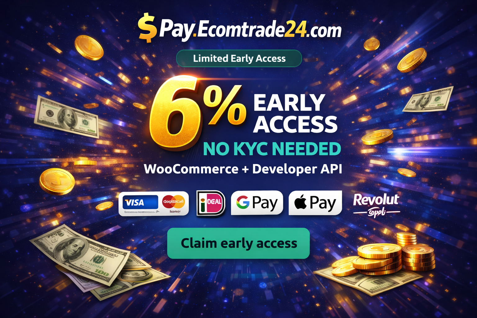 Limited merchant offer: first 30 new customers pay 6% fee. No KYC. WooCommerce plugin and API.